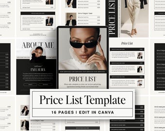 Preisliste Vorlage: Minimalistisches, 16-seitiges, bearbeitbares Canva-Service-Menü für Mitarbeiter, Freiberufler, persönliche Assistenten und Online-Business