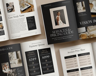 Service- en prijsgidssjabloon voor klantenbrochure: portfolio, casestudy&#39;s, proces- en pakkettengids. Canva-sjabloon op A4 + US Letter.