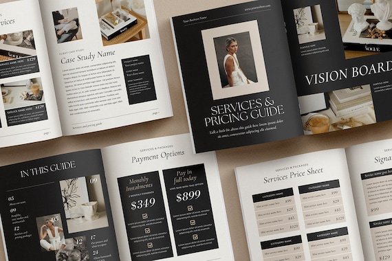 Services & Pricing Guide Client Brochure Template: Portfolio, Case studies, Process and Packages guide. Canva Template in A4 + US Letter.