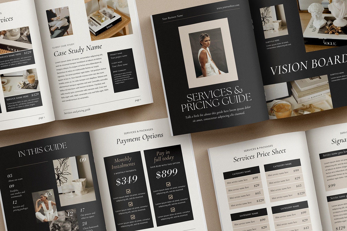 Services & Pricing Guide client brochure template: Portfolio, Case studies, Process and Packages guide. Canva template in A4 + US Letter.