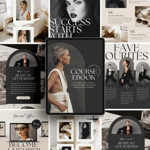 Könnte beinhalten: Eine Collage von Bildern, die für einen Online-Kurs werben. Die Bilder zeigen eine Frau in einem weißen Oberteil, eine Frau in einem schwarzen Kleid und eine Frau in einem weißen Kleid. Der Text auf den Bildern lautet "Success Starts With", "Course Ebook", "Fave Ourites", "New Ebook", "Ready to Get Started?", "Special Offer", "Become a Member", und "Your Health Here".