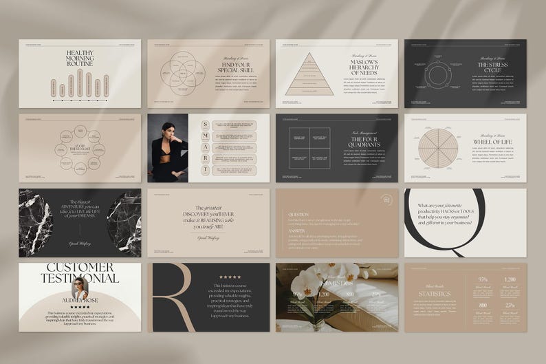May include: A presentation slide deck with a minimalist design featuring a variety of charts and diagrams. The slides cover topics such as healthy morning routines, finding your special skill, Maslow's hierarchy of needs, the stress cycle, the four quadrants, and the wheel of life.