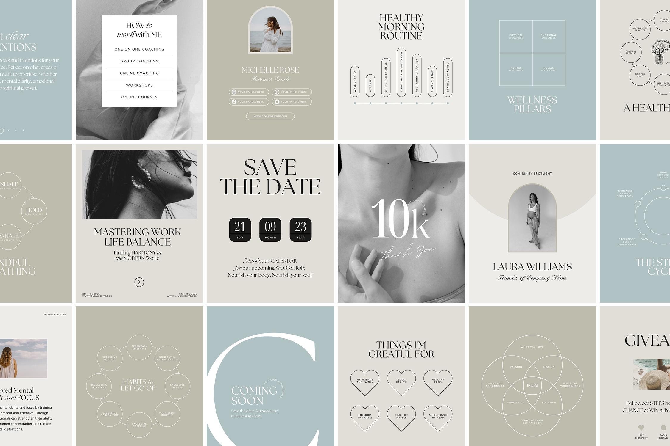 Wellness Instagram Templates for Coaching Business, Self Care & Mental ...