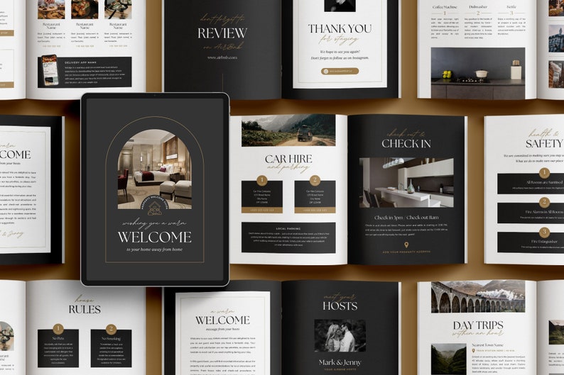 Editable AirBnb Welcome Book Template for CANVA with real content, Black and gold AirBnb Template Bundle, welcome sign, customisable AirBnb Template, Luxury Guest Book,  Vacation rental Host Manual Guidebook, Elegant Canva template with stock photos