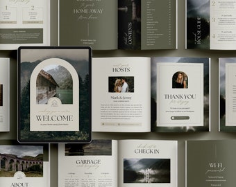 May include: A welcome guide for guests staying at a home away from home. The guide includes information about the hosts, house rules, check-in instructions, and local amenities. The guide is designed with a minimalist aesthetic, featuring a neutral colour palette and a simple layout.