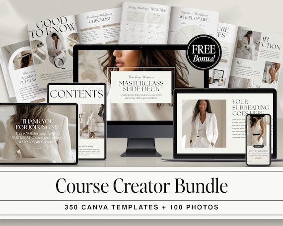 Online Course Template Bundle: Elegant White Webinar Masterclass Presentation Marketing Toolkit for Life Coaches & Course Creators | CANVA