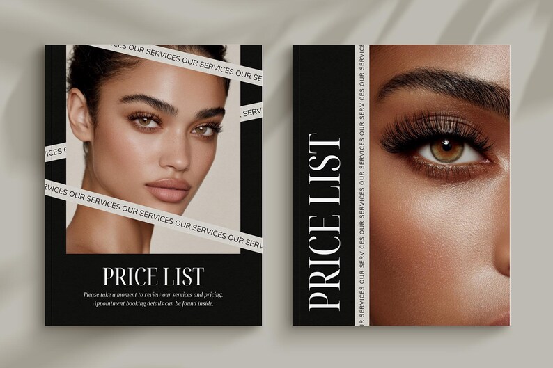 May include: Two promotional flyers for beauty services. One features a woman's face with long eyelashes, and the other showcases a close-up of an eye with long lashes. Both flyers have a black background with the words "PRICE LIST" in white.