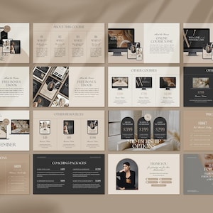 May include: A digital marketing course landing page with a beige and brown colour scheme. The page features a variety of sections, including "About This Course", "Free Bonus Download", "Other Resources", "Pricing Options", "Coaching Packages", and "Thank You for Joining Me".