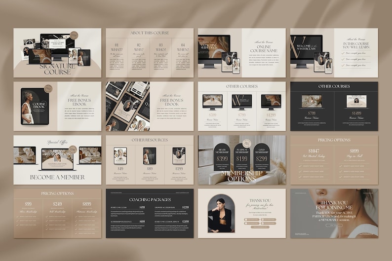 May include: A digital marketing course landing page with a beige and brown colour scheme. The page features a variety of sections, including "About This Course", "Free Bonus Download", "Other Resources", "Pricing Options", "Coaching Packages", and "Thank You for Joining Me".