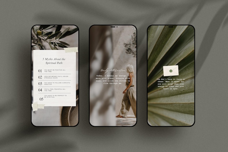 May include: Three smartphones displaying inspirational content. The first phone shows a list titled "5 Myths About the Spiritual Path." The second phone displays a woman walking with text. The third phone shows a green leaf with text.