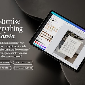 May include: A digital tablet showing the Canva interface, with design customisation options. The screen displays a document with numbered points. Text reads "Customise Everything in Canva" with buttons for editing fonts, text, photos, and colours. The background is dark.