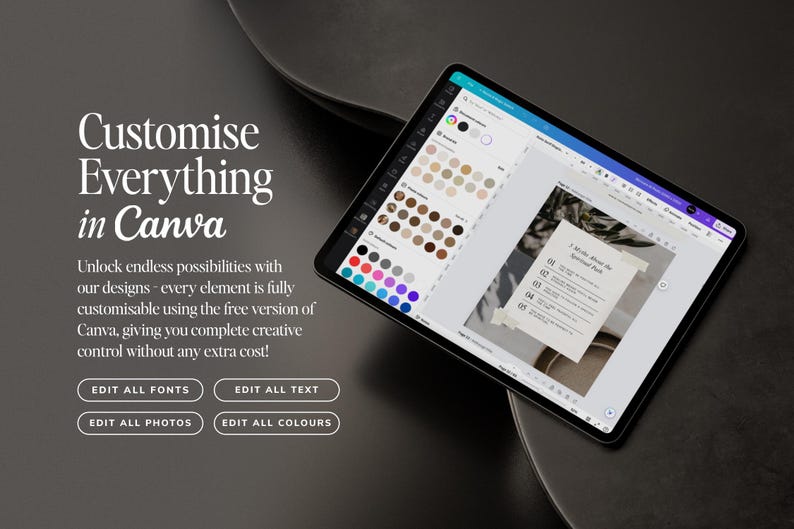 May include: A digital tablet showing the Canva interface, with design customisation options. The screen displays a document with numbered points. Text reads "Customise Everything in Canva" with buttons for editing fonts, text, photos, and colours. The background is dark.