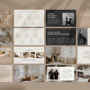 May include: A presentation guide with a beige and black colour scheme. The guide includes text about business blueprints, market research, and sustainable business practices. The guide also includes images of a woman in a white dress, a woman in a black dress, and a woman in a brown dress.