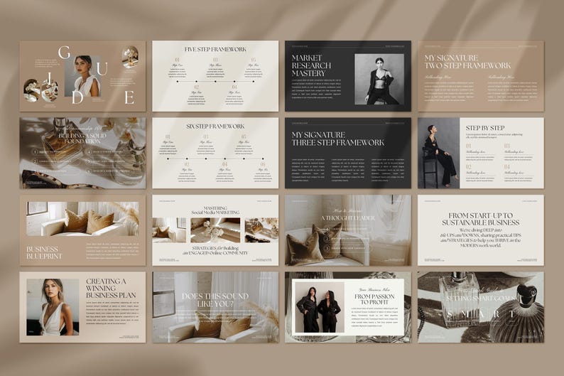 May include: A presentation guide with a beige and black colour scheme. The guide includes text about business blueprints, market research, and sustainable business practices. The guide also includes images of a woman in a white dress, a woman in a black dress, and a woman in a brown dress.