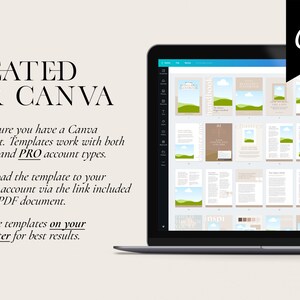 May include: A laptop screen displaying a Canva design template with a green and blue landscape illustration. The text "CREATED FOR CANVA" is displayed on the left side of the image. The text "Made in Canva" is displayed in a white banner with a blue border on the right side of the image.