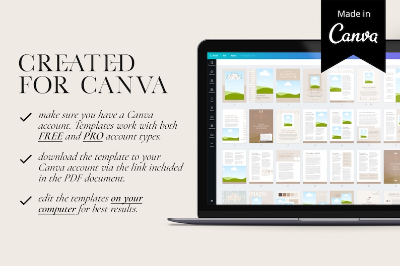 May include: A laptop screen displaying a Canva design template with a green and blue landscape illustration. The text "CREATED FOR CANVA" is displayed on the left side of the image. The text "Made in Canva" is displayed in a white banner with a blue border on the right side of the image.