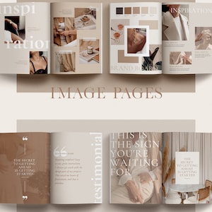 May include: A mockup of a magazine spread with the words "Image Pages" and "Quote Pages" in a neutral beige color scheme. The pages feature images of people, plants, and interior design elements. The text on the pages includes quotes about the secret to getting ahead and a customer testimonial.