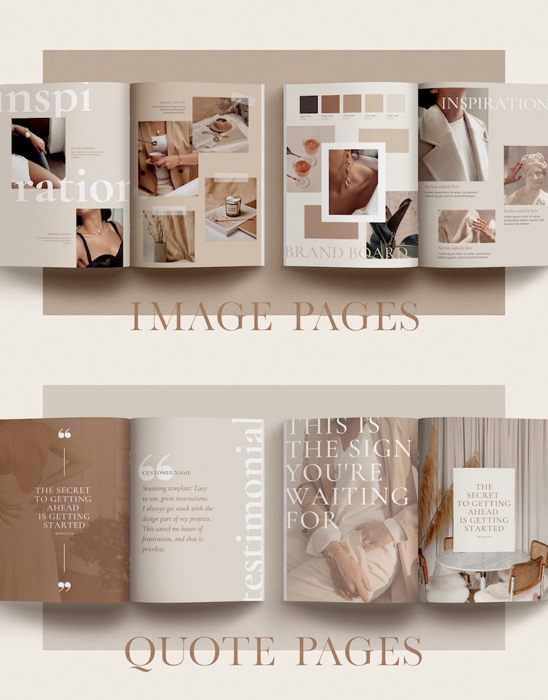 May include: A mockup of a magazine spread with the words "Image Pages" and "Quote Pages" in a neutral beige color scheme. The pages feature images of people, plants, and interior design elements. The text on the pages includes quotes about the secret to getting ahead and a customer testimonial.