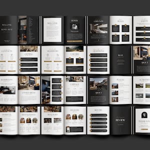 Editable AirBnb Welcome Book Template for CANVA with real content, Black and gold AirBnb Template Bundle, welcome sign, customisable AirBnb Template, Luxury Guest Book,  Vacation rental Host Manual Guidebook, Elegant Canva template with stock photos