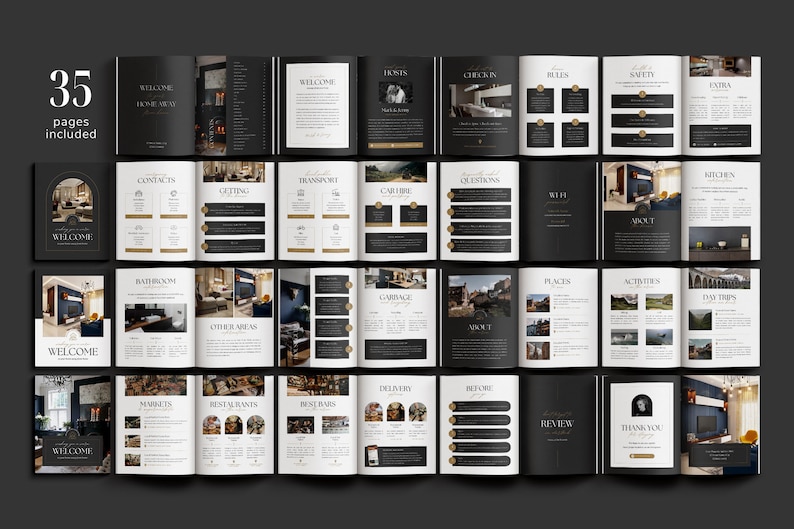 Editable AirBnb Welcome Book Template for CANVA with real content, Black and gold AirBnb Template Bundle, welcome sign, customisable AirBnb Template, Luxury Guest Book,  Vacation rental Host Manual Guidebook, Elegant Canva template with stock photos