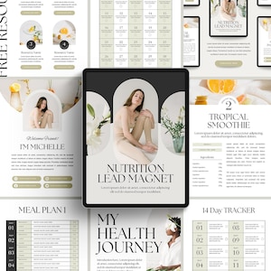 May include: A digital marketing layout with a central tablet displaying "NUTRITION LEAD MAGNET" text. Surrounding elements include a "Tropical Smoothie" recipe, a 14-day tracker, and success stories. The color scheme is neutral with beige and green accents.