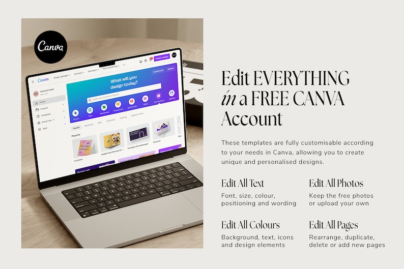 Pu&ograve; includere: Un computer portatile che mostra il sito web di Canva con il testo "Cosa vuoi progettare oggi?" nella barra di ricerca. Il testo "Modifica TUTTO in un account CANVA GRATUITO" &egrave; visualizzato sul lato destro dell'immagine. Il testo sotto spiega che i modelli sono completamente personalizzabili e consentono agli utenti di creare design unici e personalizzati. Il testo elenca anche le funzionalit&agrave; che possono essere modificate, tra cui testo, foto, colori e pagine.