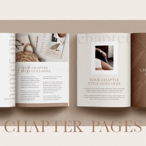 May include: Open book with a white background and brown text. The book has the words "chapter one" and "chapter" printed on the pages. The text "YOUR CHAPTER TITLE GOES HERE" is repeated on each page. The book is open to a page with a photo of a woman's legs and feet wearing black and white striped shoes. The other page has a photo of a woman sitting on a couch. The book is on a brown surface.