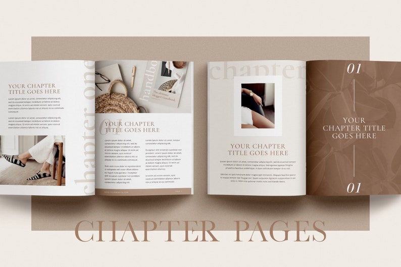 May include: Open book with a white background and brown text. The book has the words "chapter one" and "chapter" printed on the pages. The text "YOUR CHAPTER TITLE GOES HERE" is repeated on each page. The book is open to a page with a photo of a woman's legs and feet wearing black and white striped shoes. The other page has a photo of a woman sitting on a couch. The book is on a brown surface.