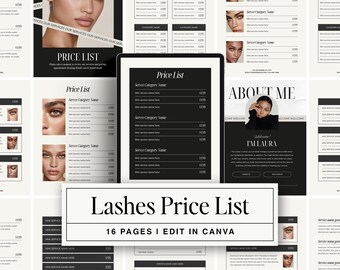Lashes Price List Template: Minimalist 16 Page Editable Canva Treatment Menu for Lash Artists, Studios, Salons, Beauty Service Providers