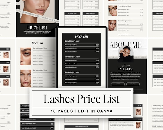 Lashes Price List Template: Minimalist 16 Page Editable Canva Treatment Menu for Lash Artists, Studios, Salons, Beauty Service Providers