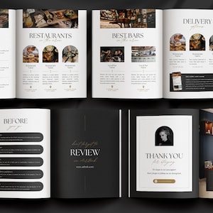 Editable AirBnb Welcome Book Template for CANVA with real content, Black and gold AirBnb Template Bundle, welcome sign, customisable AirBnb Template, Luxury Guest Book,  Vacation rental Host Manual Guidebook, Elegant Canva template with stock photos