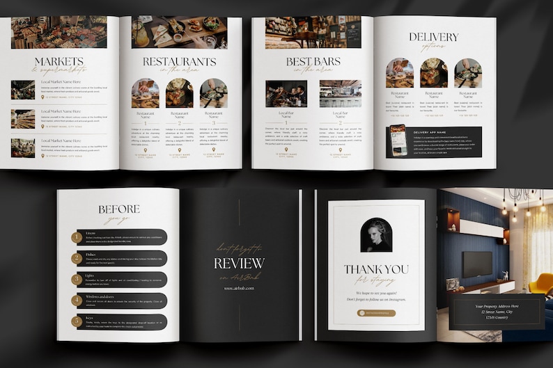 Editable AirBnb Welcome Book Template for CANVA with real content, Black and gold AirBnb Template Bundle, welcome sign, customisable AirBnb Template, Luxury Guest Book,  Vacation rental Host Manual Guidebook, Elegant Canva template with stock photos