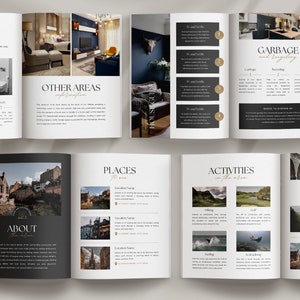 Editable AirBnb Welcome Book Template for CANVA with real content, Black and gold AirBnb Template Bundle, welcome sign, customisable AirBnb Template, Luxury Guest Book,  Vacation rental Host Manual Guidebook, Elegant Canva template with stock photos