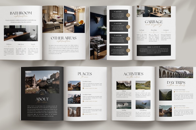 Editable AirBnb Welcome Book Template for CANVA with real content, Black and gold AirBnb Template Bundle, welcome sign, customisable AirBnb Template, Luxury Guest Book,  Vacation rental Host Manual Guidebook, Elegant Canva template with stock photos