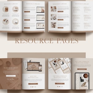 May include: Four pages of a resource library and two pages of a call to action for a social media masterclass and a blogging guide. The pages are designed in a minimalist style with a neutral color palette of beige, brown, and white. The text on the pages is in a simple, modern font.