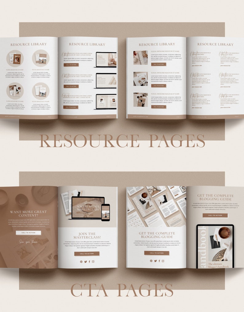 May include: Four pages of a resource library and two pages of a call to action for a social media masterclass and a blogging guide. The pages are designed in a minimalist style with a neutral color palette of beige, brown, and white. The text on the pages is in a simple, modern font.