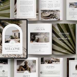 May include: A selection of open brochures and a tablet displaying a welcome message. The brochures contain images and text with headings such as "Review", "Check In", and "Welcome Home Away". The colour scheme is neutral with green accents.