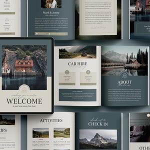 Puede incluir: Una tableta digital muestra un mensaje de bienvenida con una imagen de cabaña escénica, rodeada de folletos abiertos. Los folletos presentan contenido relacionado con viajes, incluyendo excursiones de un día, alquiler de coches y actividades, todo en un esquema de color verde azulado y beige.