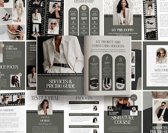 Vorlage für den Pricing Guide für neue Kunden, Freelancer-Broschüre, Kunden-Onboard-Magazin, bearbeitbares Canva-Buch (80 Seiten, US Letter A4)
