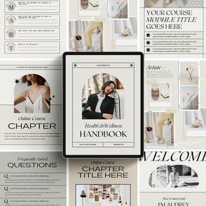 Könnte beinhalten: Eine Collage von Bildern für einen Online-Kurs. Die Bilder zeigen eine Frau in einem weißen Kleid, eine Frau in einem schwarzen Blazer, eine Frau in einem weißen Hemd und eine Frau in einem weißen Kleid. Der Text auf den Bildern lautet "Online-Kurs", "Kapitel", "Handbuch für Gesundheit und Wellness", "Titel Ihres Kursmoduls hier", "Künstler", "Handbuch für Selbstpflege und Achtsamkeit", "Willkommen", "Titel des Online-Kurskapitels hier", "Ich bin Audrey", "Vorgestellter Inhalt Feature-Seite".