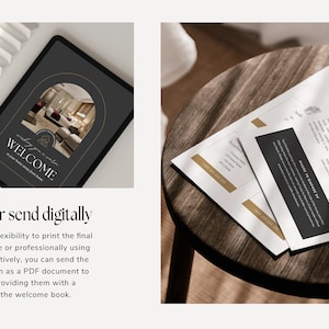 Editable AirBnb Welcome Book Template for CANVA with real content, Black and gold AirBnb Template Bundle, welcome sign, customisable AirBnb Template, Luxury Guest Book,  Vacation rental Host Manual Guidebook, Elegant Canva template with stock photos
