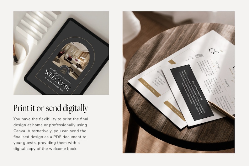 Editable AirBnb Welcome Book Template for CANVA with real content, Black and gold AirBnb Template Bundle, welcome sign, customisable AirBnb Template, Luxury Guest Book,  Vacation rental Host Manual Guidebook, Elegant Canva template with stock photos