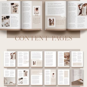 May include: A mockup of a book with a beige cover and text that reads "Your chapter subtitle goes here" and "Content Pages". The book is open to reveal pages with images and text.