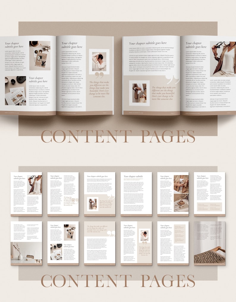 May include: A mockup of a book with a beige cover and text that reads "Your chapter subtitle goes here" and "Content Pages". The book is open to reveal pages with images and text.