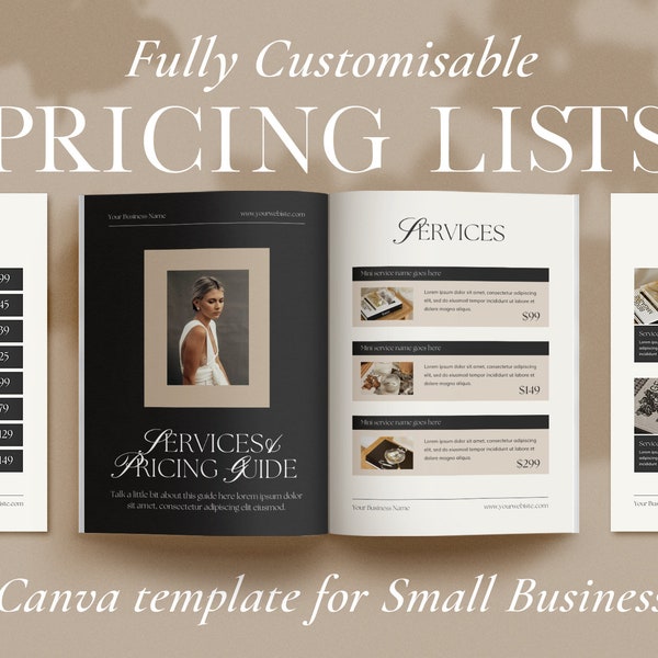 Lista de precios elegante, plantilla de folleto de guía de servicios al cliente y paquetes de precios, plantilla de Canva editable para fotógrafos y pequeñas empresas