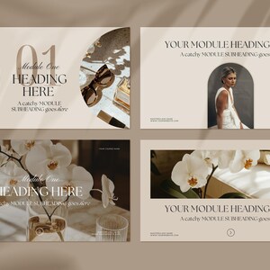 May include: Four beige cards with text and images. The top left card has the number "01" and the text "Module One HEADING HERE A catchy MODULE SUBHEADING goes here". The top right card has the text "YOUR MODULE HEADING HERE A catchy MODULE SUBHEADING goes here". The bottom left card has the text "Module One HEADING HERE A catchy MODULE SUBHEADING goes here". The bottom right card has the text "YOUR MODULE HEADING HERE A catchy MODULE SUBHEADING goes here".