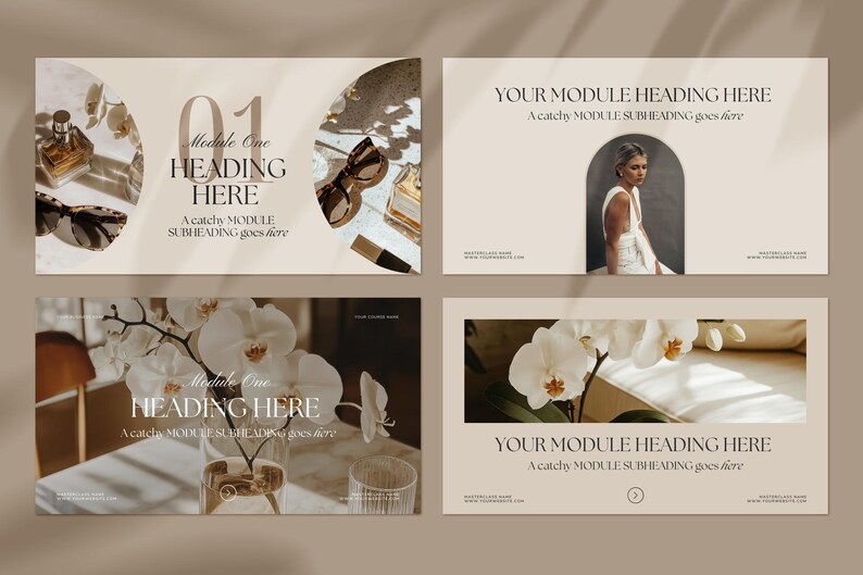 May include: Four beige cards with text and images. The top left card has the number "01" and the text "Module One HEADING HERE A catchy MODULE SUBHEADING goes here". The top right card has the text "YOUR MODULE HEADING HERE A catchy MODULE SUBHEADING goes here". The bottom left card has the text "Module One HEADING HERE A catchy MODULE SUBHEADING goes here". The bottom right card has the text "YOUR MODULE HEADING HERE A catchy MODULE SUBHEADING goes here".