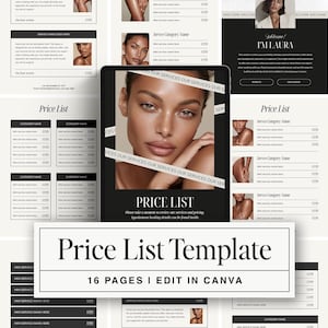 May include: A digital price list template with a black and white design. The template includes 16 pages and features images of a woman. The text on the template reads "Price List Template" and "16 Pages | Edit in Canva."