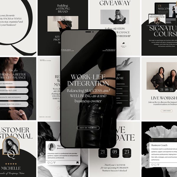 Elegant Business Coach Instagram Templates: Black, White & Gold (Canva)