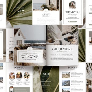 Puede incluir: Una colección de folletos y tarjetas informativas con una paleta de colores neutros. Las tarjetas presentan texto e imágenes relacionadas con la hospitalidad, incluyendo "Bienvenida", "Revisión", "Acerca de" y "Gracias". El diseño es minimalista con un enfoque en elementos naturales.